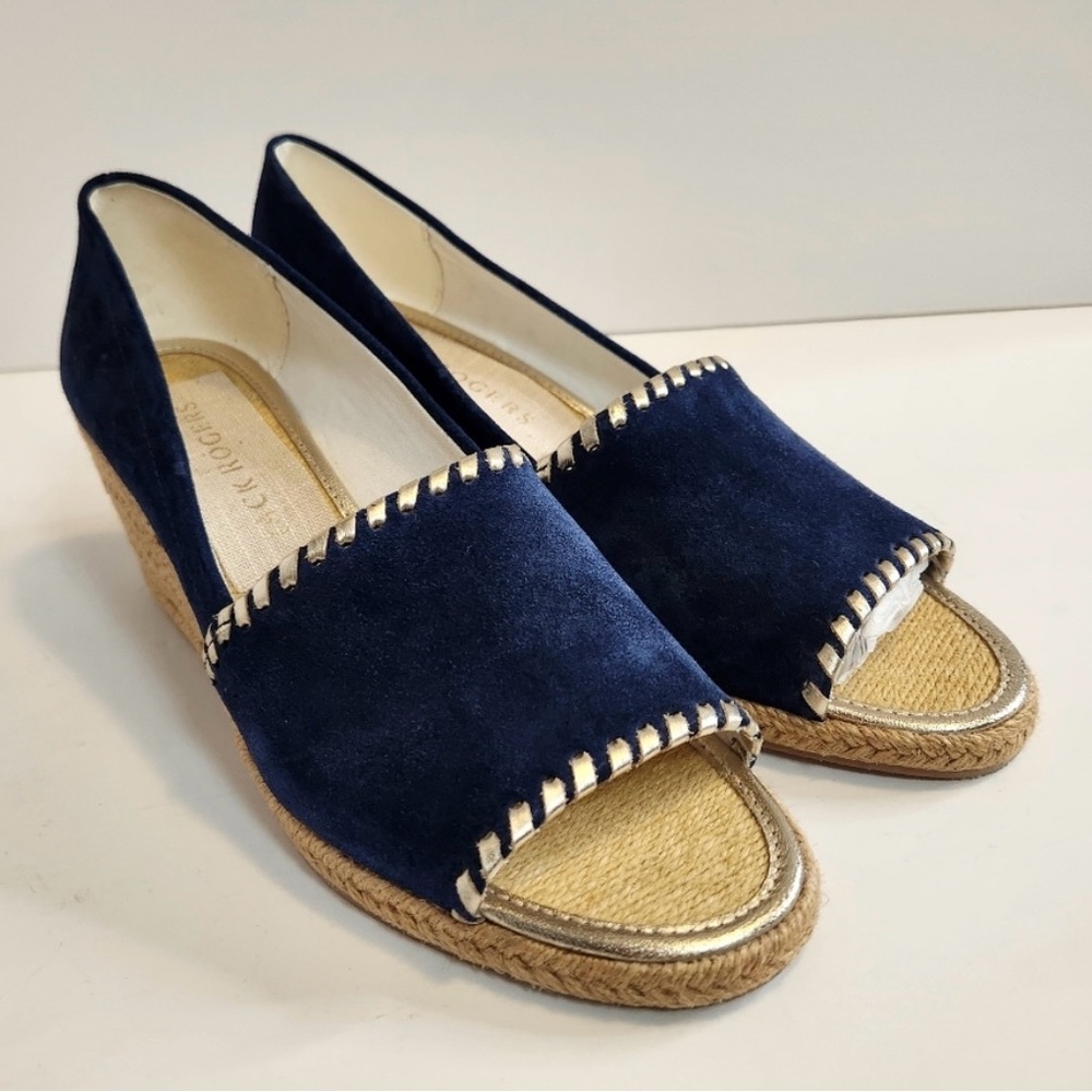 Jack Rogers Palmer Blue Suede Wedge Slip On Peep Toe Espadrilles Sandals Size 9